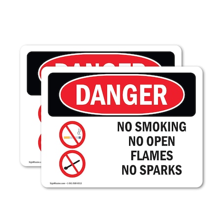 Signmission No Smoking No Open Flames No Sparks Danger Sign, Vinyl Decal, 14in W x 10in L, 2PK OS-2PACK-DS-D-1014-L-1492